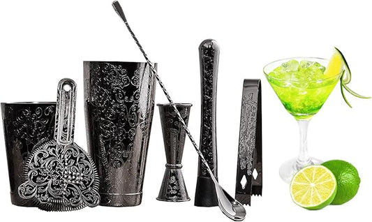 SKY FISH Bartender Kit Cocktail Shaker Set-7 Pieces Stainless Steel Black Plated Etching Bar Tools with Boston Shaker Tins,Mixing Spoon,Mojito Muddler,Japanese Double Jigger,Hawthorne Strainer