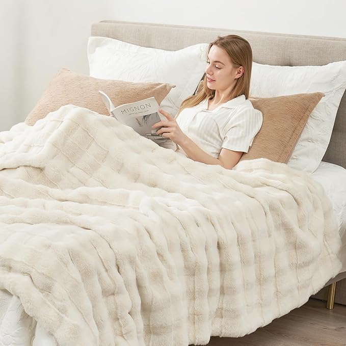 Cozy Bliss Fluffy Faux Fur Blanket Queen Size for Bed, Fuzzy Soft Striped Plush Blanket, Thick Throw for Bedroom Couch Gift, 90x90 Inches Cream White