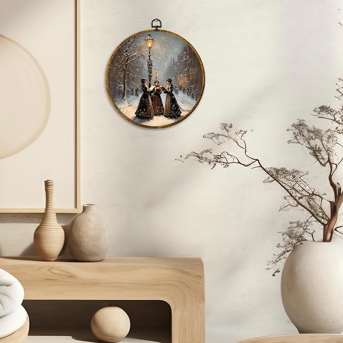 CUANFDDSF Christmas Women Reading Book Round Wall Art, Vintage Christmas Street Scene Framed Hanging Wall Decor, Xmas Bookish Canvas Prints Decorations for Library Reading Room Bedroom, 10x10 Inch