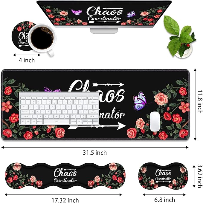 4 in 1 Ergonomic Memory Foam Mouse Pad Wrist Rest Set, Large Gaming Desk Pad + Keyboard Wrist Rest + Mouse Wrist Cushion + Coaster for Home Office Study Gaming, Colored Floral Quote Chaos Coordinator
