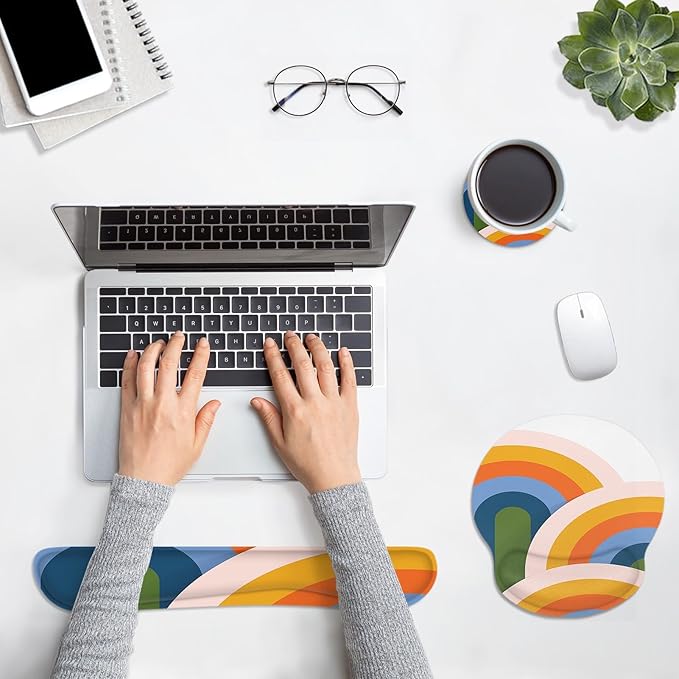 Britimes Ergonomic Mouse Pad Set with Wrist Rest Abstract Rainbow Non-Slip Rubber Base Wrist Cushion Support and Coasters Mousepad with Wrist Support for Computer Keyboard and Desk
