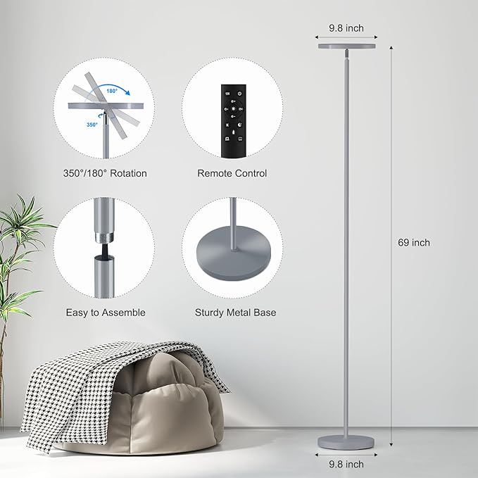 SUNMORY Floor Lamps for Living Room, 32W/3000LM Super Bright LED Floor Lamp with Remote Control, 69" Tall Standing Lamp with Stepless Dimmable, Modern Torchiere Corner Lamp for Bedroom, Office Grey