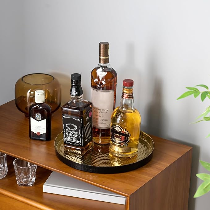 MyGift 12 Inch Round Decorative Platter, Gold Tone Plated Hammered Aluminum with Matte Black Accent Serving Plate, Centerpiece Base or Vanity Tray - Handcrafted in India