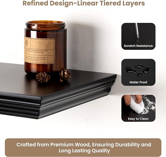 Axeman 55 Inch Floating Shelves for Wall, 9.3" Deep Crown Molding Wood Display Shelf with Heavy Duty Invisible Brackets for Living Room, Bedroom, Bathroom, Kitchen Decor & Storage, Set of 1, Black