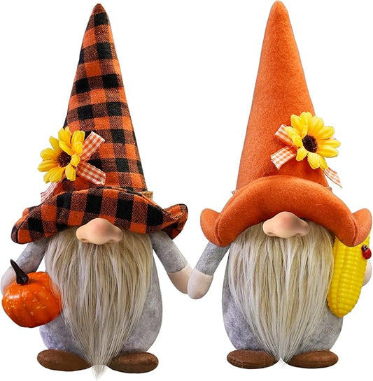 CRCZK Fall Gnomes Plush Decor, 2Pack Thanksgiving Buffalo Plaid Gnome Plush Tomte Swedish Gnomes with Pumpkin Corn Sunflower, Fall Harvest Gnomes Decor Thanksgiving Autumn Holiday Home Decor Gifts