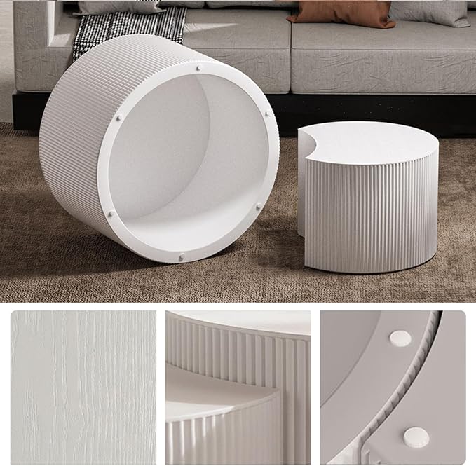 Round Nesting Coffee Table Set 2 Piece, Drum Modern Stackable Side Table for Living Room/Bedroom Small, Space-Saving Accent Furniture with Scratch-Resistant Design (A White 27.56 in)