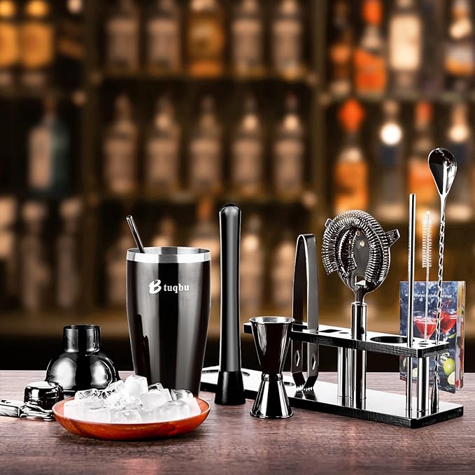 Bartender Kit with Stand, 11 Piece Set, Cocktail Shaker Set 24 oz Shaker Bar Tool Set for Beginner with Recipe