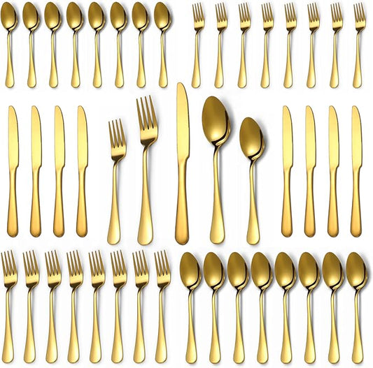Lazycorner 40 Pcs Gold Silverware Set for 8, Food Grade Stainless Steel Flatware Set Include Fork/Knife/Spoon, Mirror Polished Eating Utensils Sets, Reusable Silverwear Cutlery Set, Dishwasher Safe