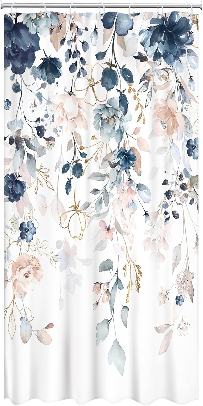 Small Stall Floral Shower Curtain RV Flower Blue Pink Watercolor Rustic Boho Eucalyptus Leaf Plant Half Bathroom Set Narrow Single Girl 36Wx72L Inch Bath Curtain Bathtub Accessories Home Decor