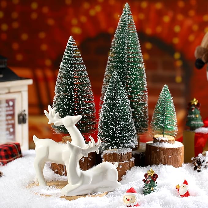 Wesiti 2 Pcs Ceramic Christmas Reindeer Figurines 4 Pcs Mini Christmas Pine Tree Reindeer Decor Deer Statue Sculpture Tabletop Ornaments for Home Mantel Shelves Decor(White)