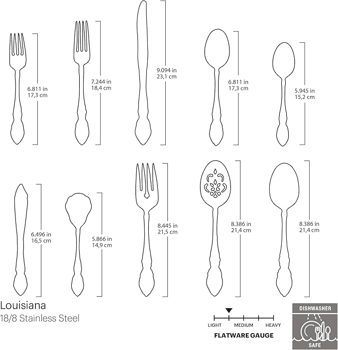 Oneida Silverware Set For 8 with Serving Utensils, Louisiana 45-Piece Fine Flatware Set, Service For 8, 18/8 Stainless Steel, Mirror, Knives Spoons Forks Serving Spoons,Dishwasher Safe(Silver 45 Piece
