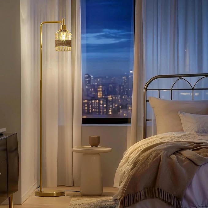 Oneach 66" Gold Floor Lamp for Living Room, Industrial Floor Lamp with LED Buld, Rattan Shade, Foot Switch, Minimalist Farmhouse Tall Standing Lamp for Bedroom, Office, Study Room