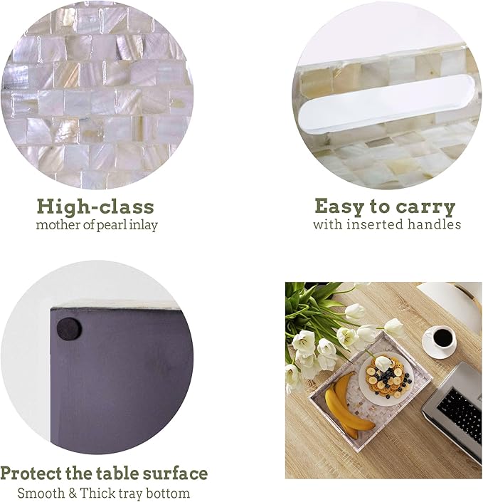 PEMAR Rectangular Mother of Pearl Serving Tray Nacre Wood Lap Ottoman Tray for Coffee Table, Luxury Decorative Handmade Eating Platters w Insert Handles (White Cream)