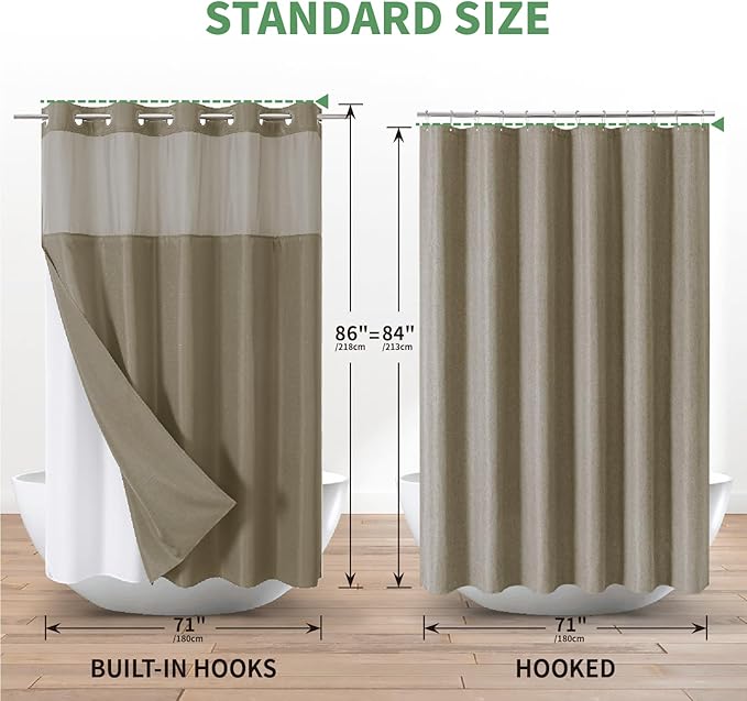 Extra Long No Hook Shower Curtain with Snap-in Fabric Liner Set,Slub Textured Fabric Shower Curtains for bathroom,Hotel Style Modern Shower Curtain,Water Repellent,Washable,71x86(84),Tan/Khaki
