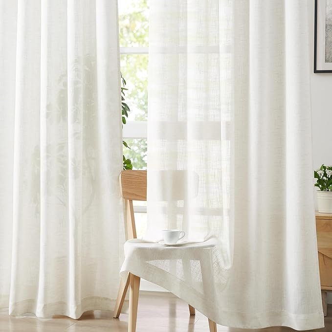 Treatmentex Flax Blend Linen Semi Sheer Curtains 52 x 45 White Light Filtering Privacy Curtains for Small Windows Rod Pocket, 2 Panels