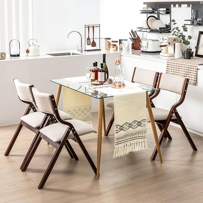 Giantex Folding Dining Chairs Set of 2, No Assembly Required with Linen Padded Seats, Wooden Foldable Kitchen & Party Chairs, Easy to Store for Extra Events