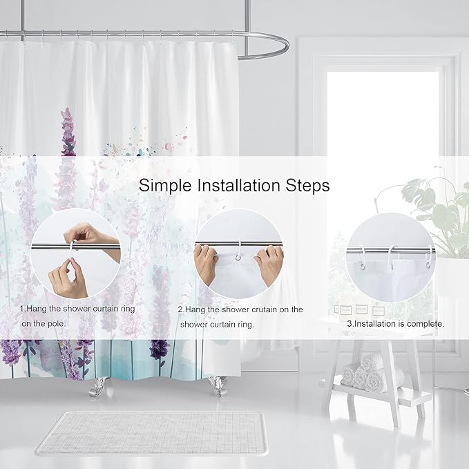 Domoku Lavender Shower Curtain Watercolor Floral Shower Curtain Spring Plant Home Bathroom Bathroom Curtains Set Waterproof Fabric with 12 Hooks (72 * 72inch/180cm*180cm)