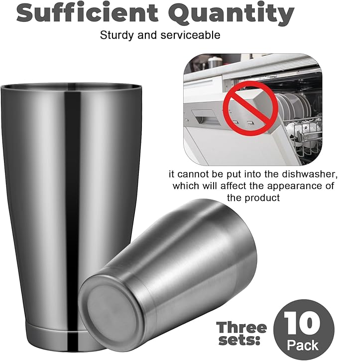 Lallisa 10 Pieces Cocktail Shakers Professional Bar Boston Shaker Set Stainless Steel Martini Shaker Drink Mixer Basic Tools Weighted Shake Metal Can for Bartenders, 18 Oz, 28 oz(Black)