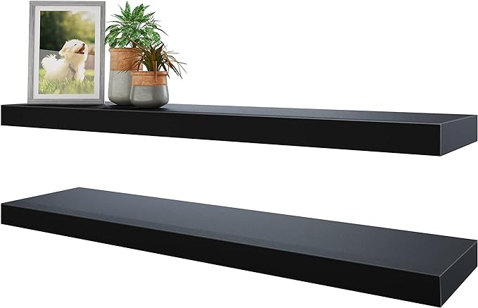 BAMEOS Floating Shelves, 31W x 8D Black Wall Mounted Wooden Shelves with Invisible Brackets Set of 2, Hanging Wall Shelves Decoration for Bedroom, Bathroom, Living Room and Kitchen