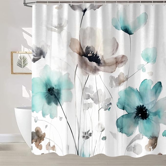 Boho Floral Shower Curtain, Cream Tan Beige Teal Grey White Flower Farmhouse Fabric Shower Curtains Set for Bathroom Decorative with Hooks 60 X 72 inch Spring Bath Decor