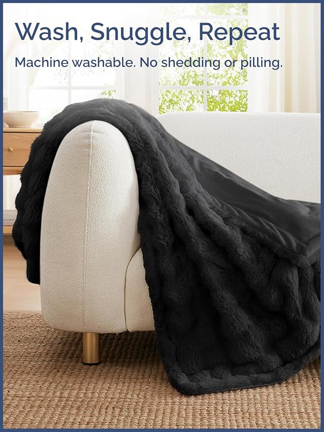 Fluffy Blanket Throw Size - Faux Fur Throw for Couch or Bed - Ultra Plush Soft Extra Thick Faux Fur Rabbit Blanket - Comfy, Fuzzy, Warm & Breathable - Luxury Minky Tie Dye Bedding - 50" x 60", Black