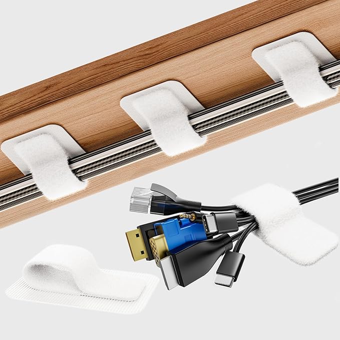 Cable Management Under Desk, 【Up to 15 Cord】【Enhanced Wire Holder】 Reusable Cord Organizer Holder, Adjustable Hook and Loop Cable Ties, Wire Clips Under Table Hider, 20 Pair(White)