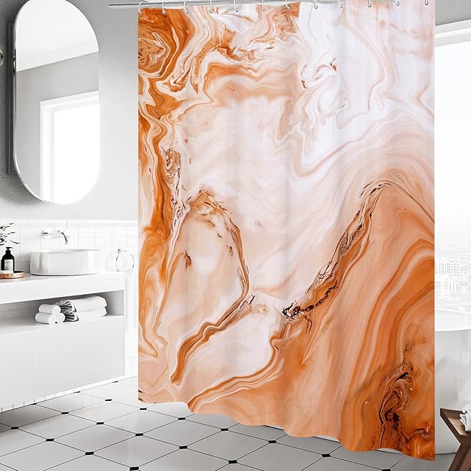 MitoVilla Orange Marble Shower Curtain, Abstract Ombre Fabric Shower Curtains for Modern Bathroom Decor, Luxury Cloth Watercolor Shower Curtain, 72x72