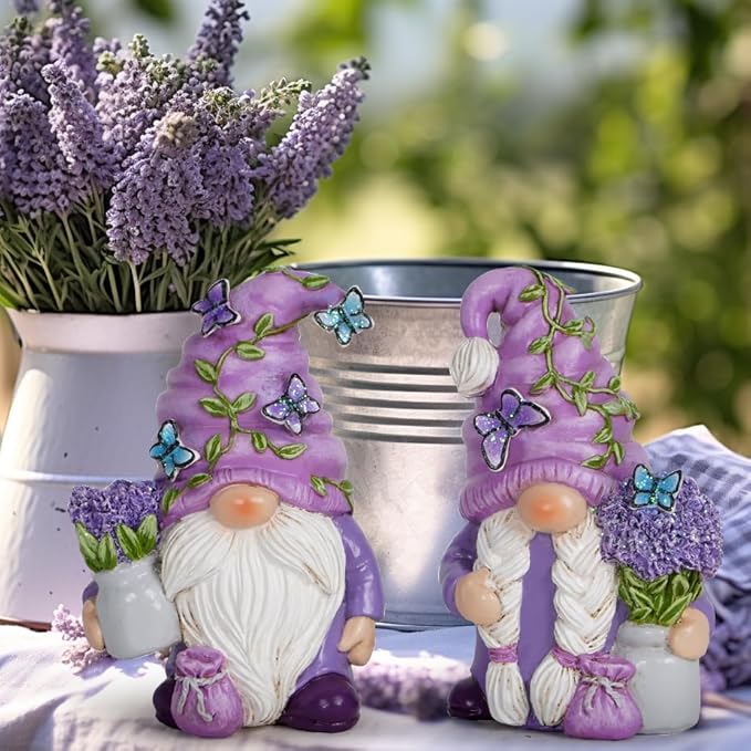 Hodao 2PCS Lavender Dream Gnome Set - Purple Fragrance Wonderland Journey Spring Swedish Tomte Elf Dwarf Figurines Summer Gnome Indoor Home Decor Gift (Lavender)