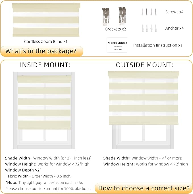 ChrisDowa Cordless Zebra Blinds for Windows, Dual Layer Free-Stop Light Filtering Window Roller Shades, Pull Down Privacy Zebra Shades for Home, Office, Bedroom, Door (56" W x 72" H, Beige)