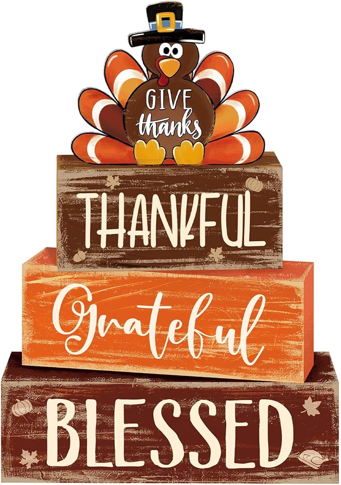 4 Pcs Thanksgiving Decor for Home Funny Turkey Wooden Signs with Hat Thanksgiving Fall Tiered Tray Decor Turkey Tabletop Centerpiece Thankful Block Signs for Office Kitchen Shelf