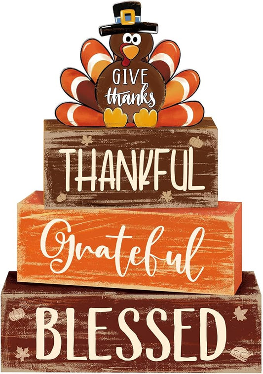 4 Pcs Thanksgiving Decor for Home Funny Turkey Wooden Signs with Hat Thanksgiving Fall Tiered Tray Decor Turkey Tabletop Centerpiece Thankful Block Signs for Office Kitchen Shelf