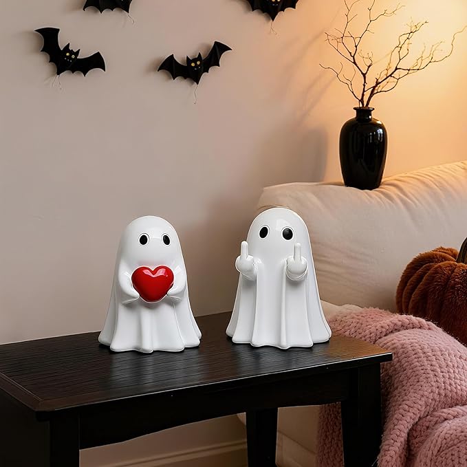 Halloween Ghost Figurine Decor - 2Packs Funny Middle Finger & Heart Hallowen Statue, Cute Spooky Ghosts Figurine Hallowee Decoration for Gift Props Tabletop Home Decor New Year's Gifts