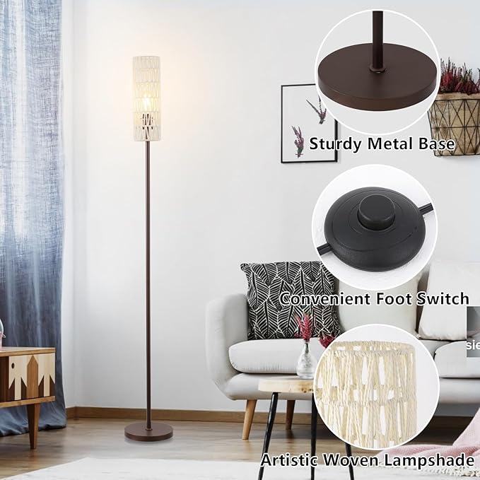 Floor Lamp for Living Room,Farmhouse Rattan Floor lamp,Modern Standing lamp with Hand-Worked Rattan Shade,Black Tall Lamp with Foot Switch，LED Bulb Included Brown
