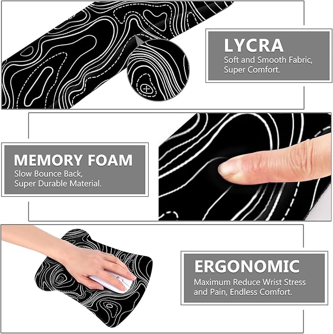 AIMSA Mouse Pad Wrist Support Set Keyboard Wrist Rest, Ergonomic Memory Foam Non-Slip Base Easy Typing Pain Relieve for Computer Laptop Home Office, Black Topographic