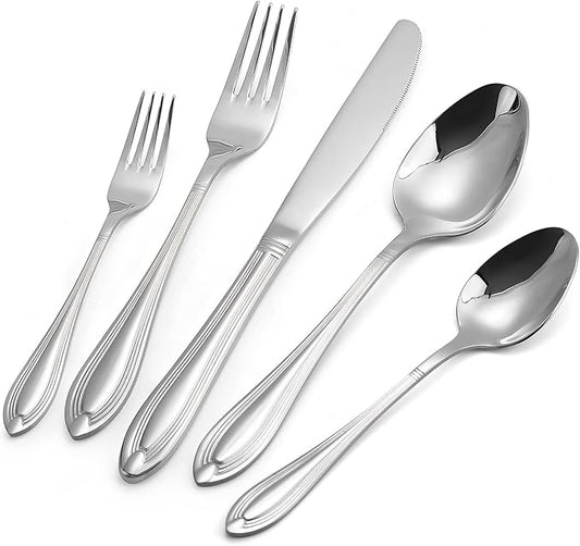 Silverware Set for 8, 40-Piece Flatware Set Include Spoons And Forks Set, Stainless Steel Cutlery Set with Line Pattern, Mirror Polished, Dishwasher Safe.