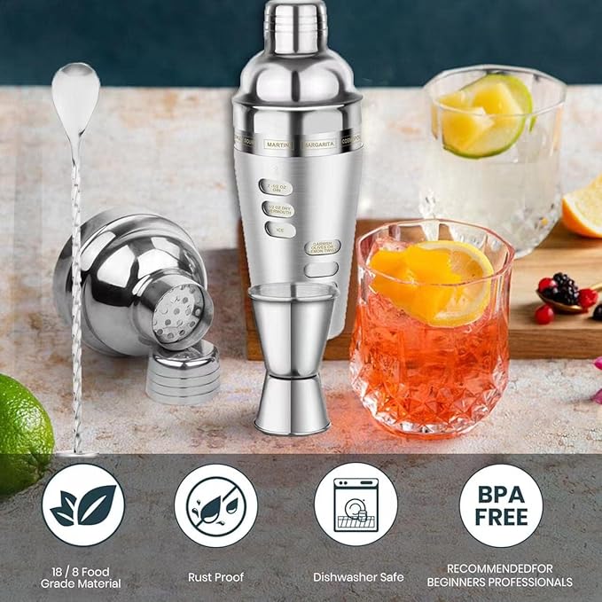 Cocktail Shaker Martini Shaker Set with Recipe, 24 oz Martini Shaker Drink Shaker Drink Mixer Stainless Steel Cocktail Shaker Set Bartender Kit