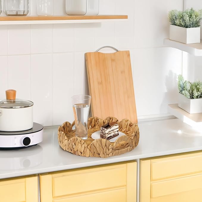 KOKODO Set of 2 Scalloped Round Wicker Tray – Handwoven Water Hyacinth Storage Baskets with Handles for Organizing, Bathroom, Living Room & Shelf Décor – Decorative Rattan Organizing Tray