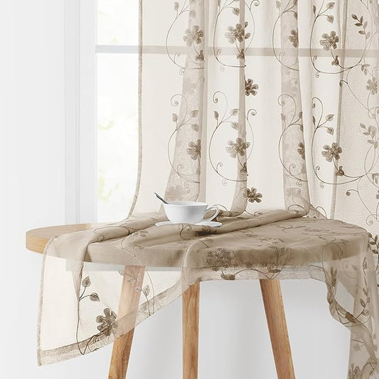 HOMEIDEAS Taupe Sheer Curtains 84 Inches Long 2 Panels Beige Embroidered Floral Pattern Semi Sheer Window Curtains for Bedroom Living Room