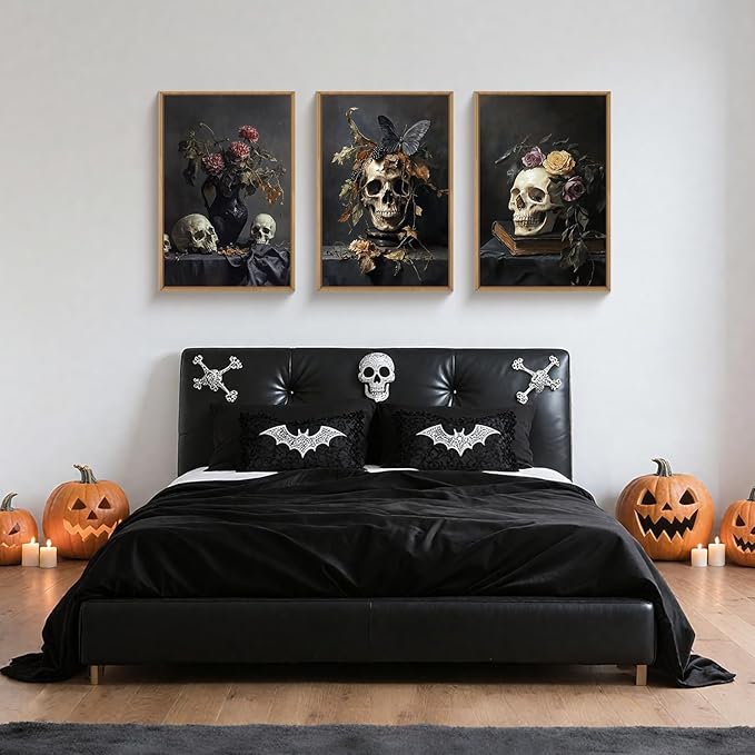 Large Vintage Skull Halloween Floral Framed Canvas Wall Art Set, Abstract Skeleton Butterfly Wall Decor,Moody Dark Rose Artwork for Living Room,Bedroom,Dining Room,Office -16"x24"x3
