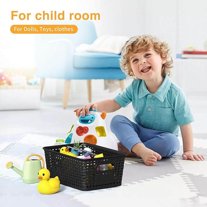 Black Plastic Storage Baskets - Pack of 8 with Labels Stackable Durable Storage Bins, Storage Containers for Organizing Desktops, Closets, Playrooms, Classrooms, Offices