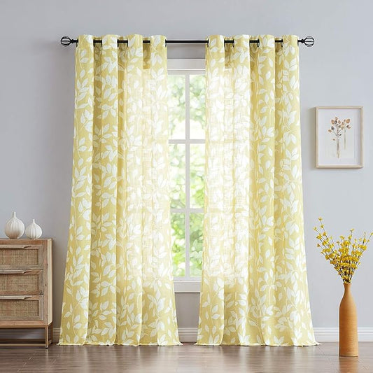 Treatmentex Semi-Sheer Curtains for Living Room Windows 95" Long White and Yellow Leaf Print Curtains for Girl's Room, Bedroom Grommet Top Curtain Panels, Mustard Yellow, 1 Pair