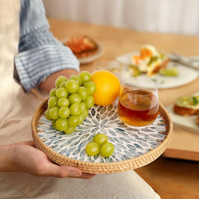 Round Rattan Tray with Mother of Pearl Inlay, Rattan Serving Tray for Coffee, Bread, Fruits, Decorative Wicker Tray for Table Decor, Home Decor, Kitchen Island Decor (Light Blue Leaf, 11.8")