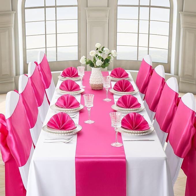 Hot Pink Table Runner 12x108 Inches Long, Satin Silk-Like Smooth Table Decor for Wedding Birthday Party, 12 Pack