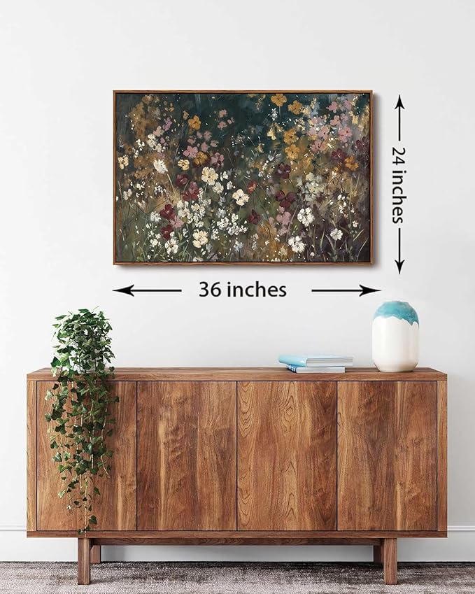 KISSFOX Vintage Floral Framed Wall Art Moody Wildflower Field Canvas Wall Art Neutral Farmhouse Serene Countryside Paintings Artwork Rustic Art Prints For Bedroom Living Room