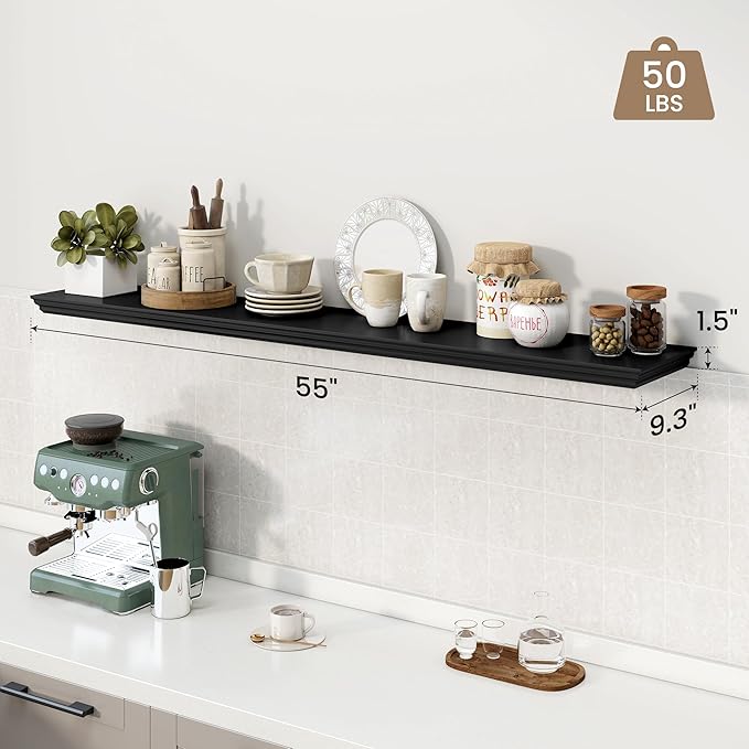 Axeman 55 Inch Floating Shelves for Wall, 9.3" Deep Crown Molding Wood Display Shelf with Heavy Duty Invisible Brackets for Living Room, Bedroom, Bathroom, Kitchen Decor & Storage, Set of 1, Black