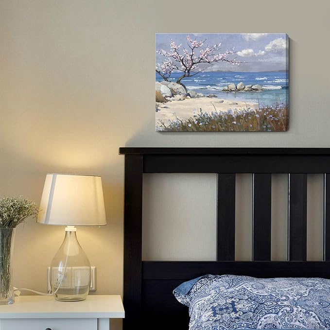 amatop Coastal Wall Art Small Bathroom Bedroom Kitchen Decor, Serene Pink Blossom Floral Tree Shore Calm Sea Beach Landscape Canvas Print Blue Ocean Scenery Abstract Nature Artwork for Walls 16x12 In