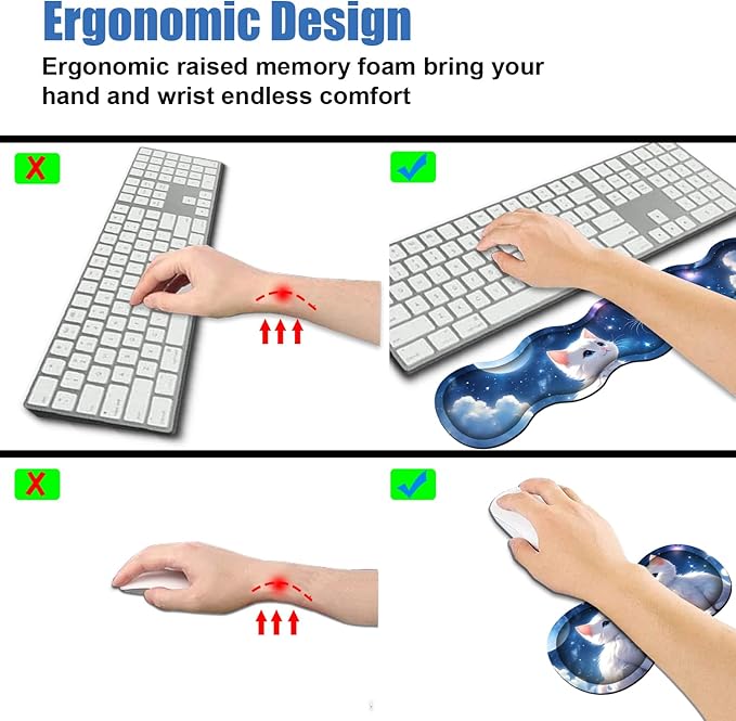 4 in 1 Ergonomic Memory Foam Mouse Pad Wrist Rest Set, Large XXL Gaming Desk Pad + Keyboard Wrist Rest + Mouse Wrist Cushion + Coaster for Home Office Study Gaming, Cute Cat