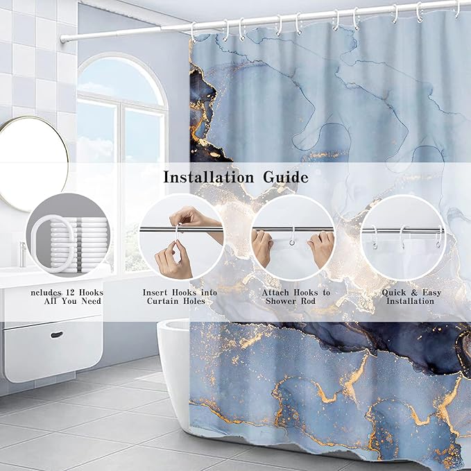 Domoku Blue Marble Waterproof Shower Curtain 72 x 72 Inches with Hooks, Machine Washable Easy-Care Fabric Bathroom Curtain for Tub or Shower
