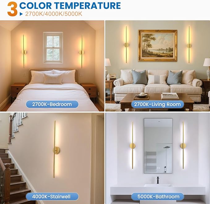 NIORSUN 34 Inch Battery Operated Wall Sconce Set of 2, Gold Round Base Rechargeable Wall Lights with Remote, 3CCT Dimmable Wireless Wall Sconces for Living Room Bedroom Hallway