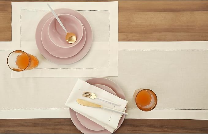 Solino Home Ivory Table Runner 132 Inches Long - Cotton Linen Hemstitch Extra Long Table Runner 14 x 132 Inch for Fall, Autumn, Thanksgiving, Christmas, Holiday